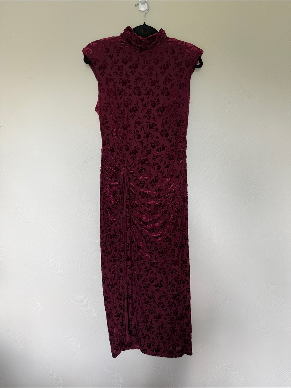 Elegant Burgundy Shirred Mock Neck Midi Dress